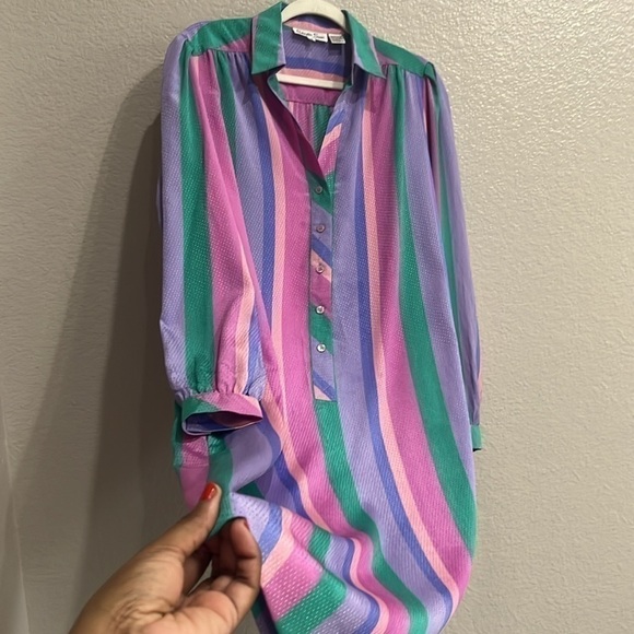 Vintage Schrader Sport Blue Green Purple Striped Long Sleeve Belt Women's  Sz 16 - Picture 6 of 12
